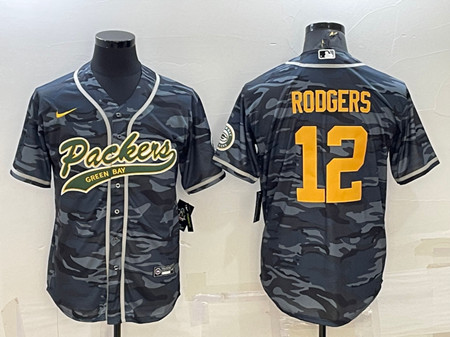 Men's Green Bay Packers #12 Aaron Rodgers Gray Gold Camo With Patch Cool Base Stitched Baseball Jersey - Click Image to Close